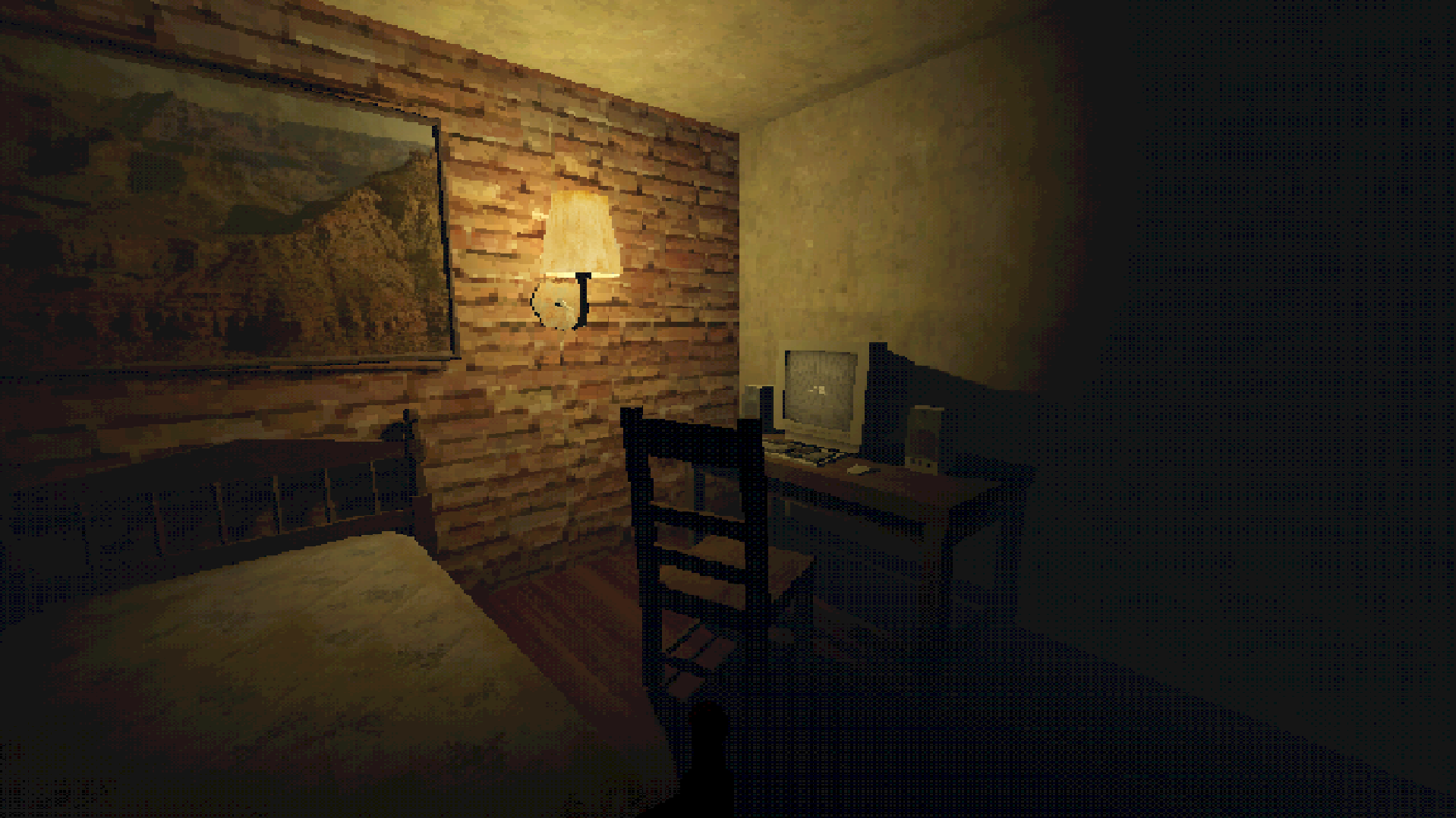 PS1 styled retro game scene of a dimly lit apartment room with a bed, desk, and old CRT computer.